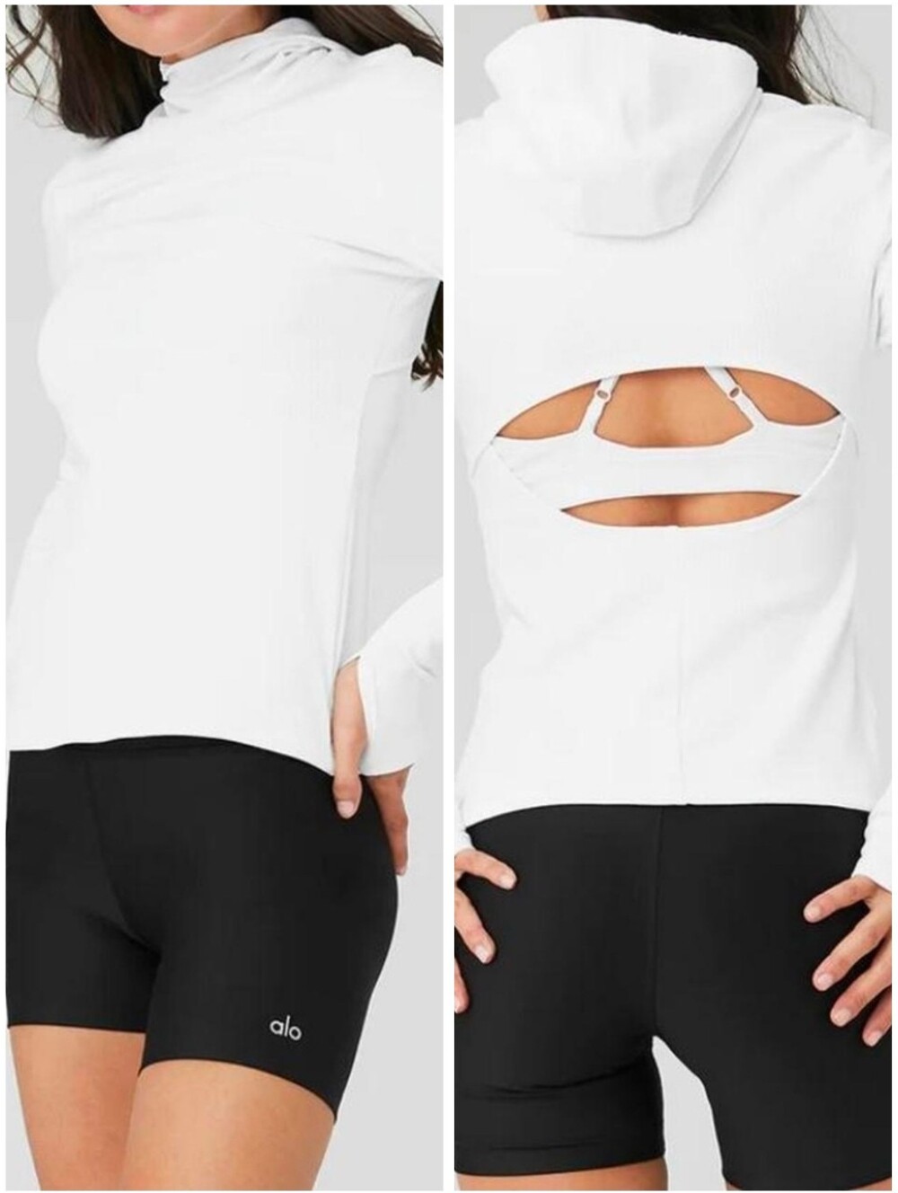 Alo Yoga Womens White Front  Runner Ribbed Pullover Hoodie Cut Out Back XS
